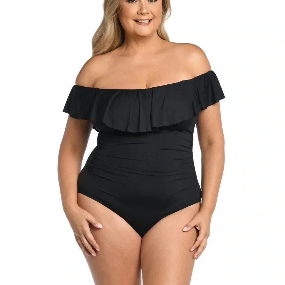 La Blanca Island Goddess Black Ruffle One Piece Swimsuit Bikini Off Shoulder 22W